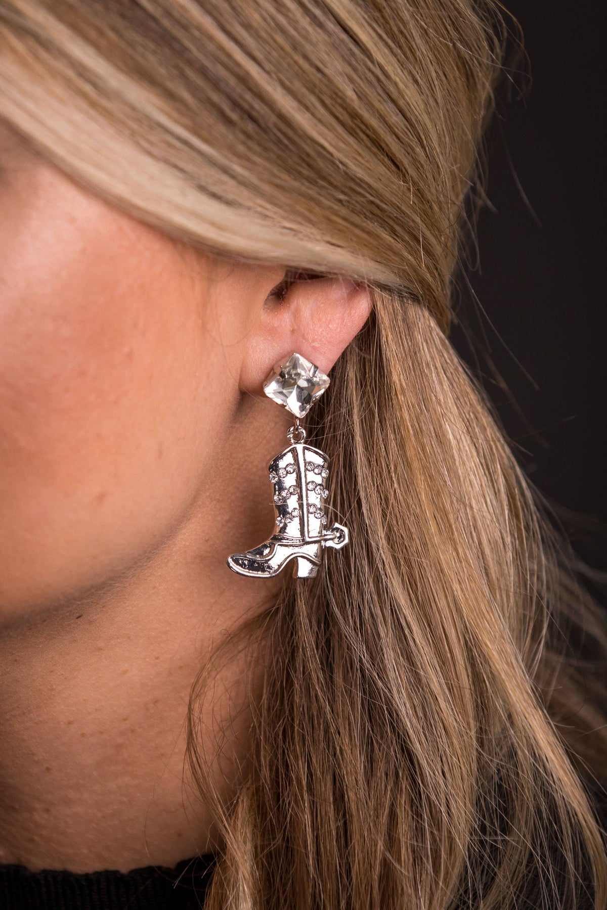 West & Co. Earrings - Cowboy Boot - Silver Rhinestone
