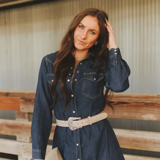Lucky & Blessed Classic Western Button Down Long Sleeve Denim Dress