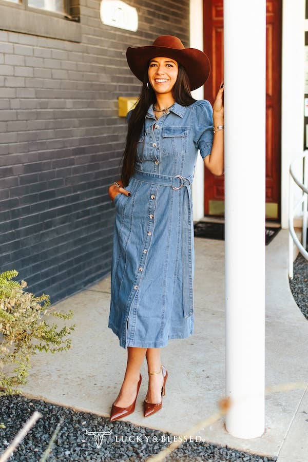Lucky & Blessed Mid Wash Concho Button Down Belted Collared Denim Puff Sleeve Dress