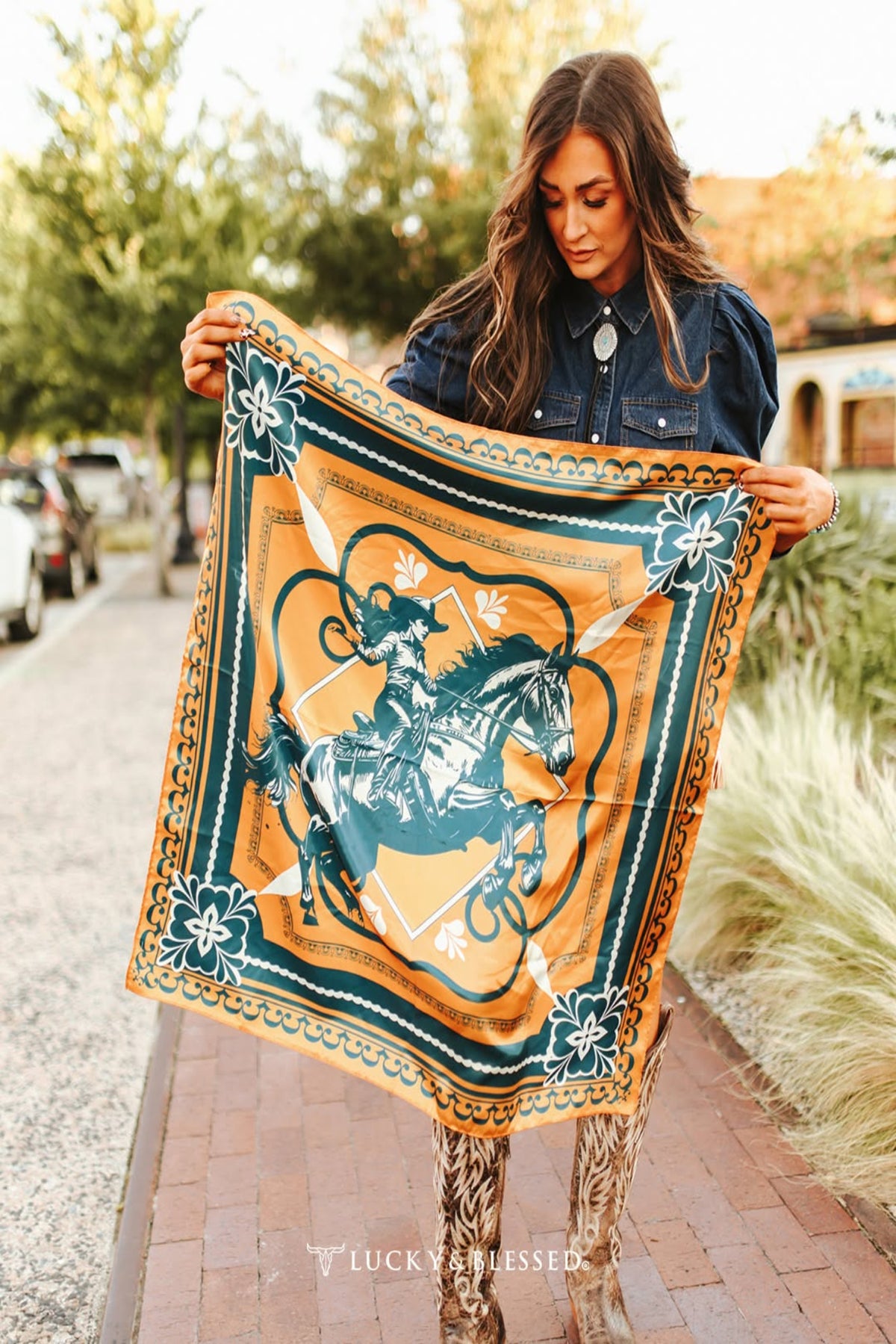 Mustard Jade Cowgirl Horse Double Sided Printed Wild Rag (35")