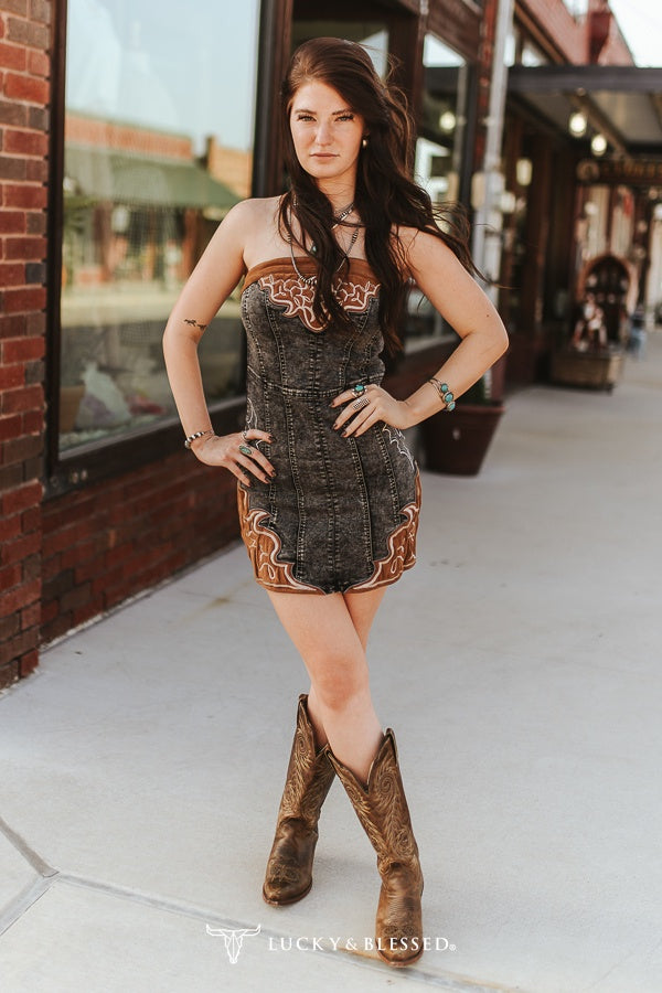 Lucky & Blessed Black Wash Stretch Denim Dress W Camel Suede Boot Stitch Embroidery Patch Detail