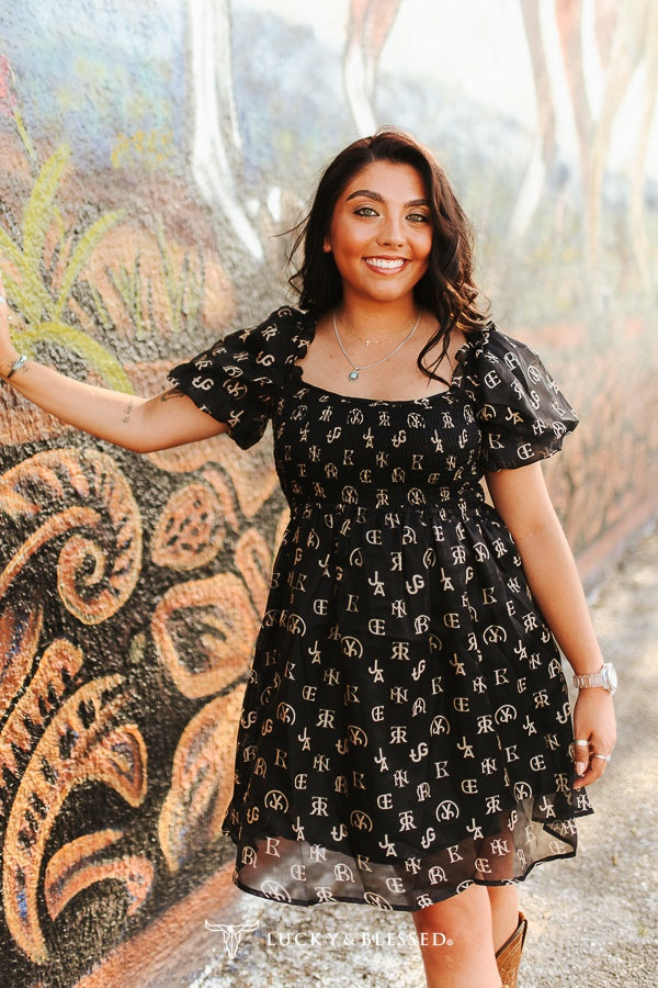 Lucky & Blessed Black Cattle Brand Printed Puff Short Sleeve Flutter Dress