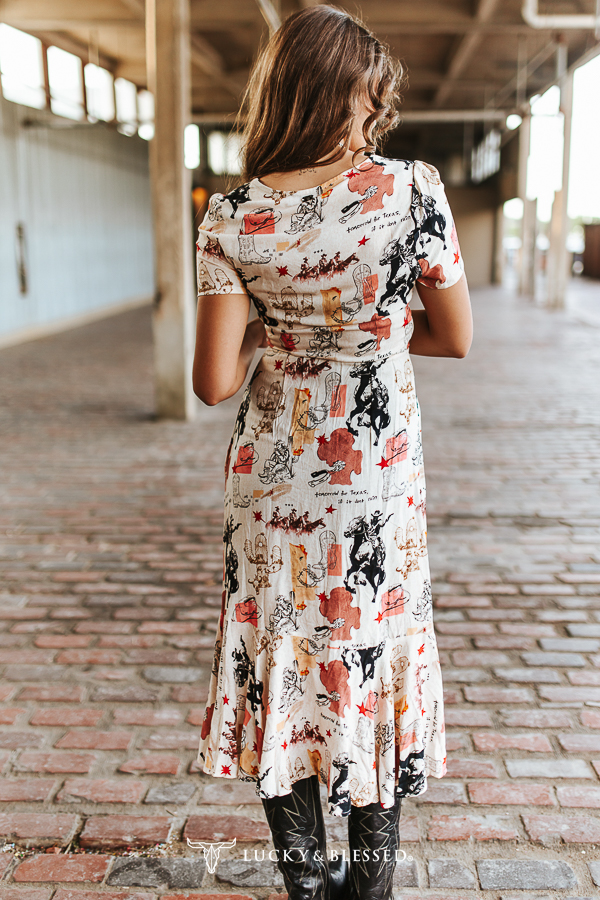 Vintage Western Printed Ruffle Hem Short Sleeve Dress