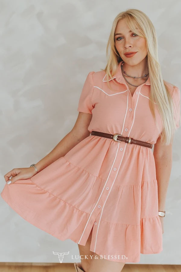 Lucky & Blessed Coral Puff Sleeve Western Ruffle Tier Contrast Piping Yoke Dress