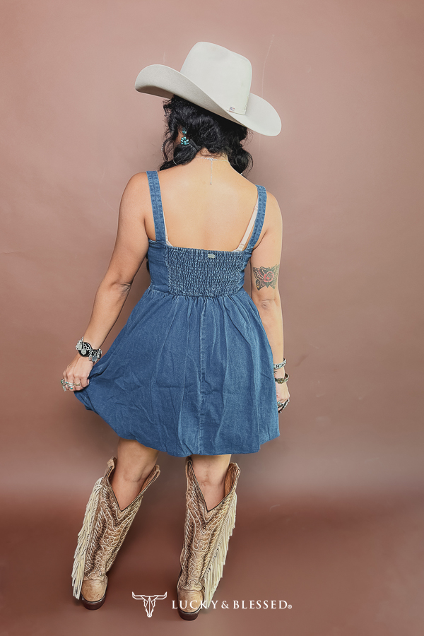 Bubble Dress Buckle Strap Mid Wash Gathered Hem