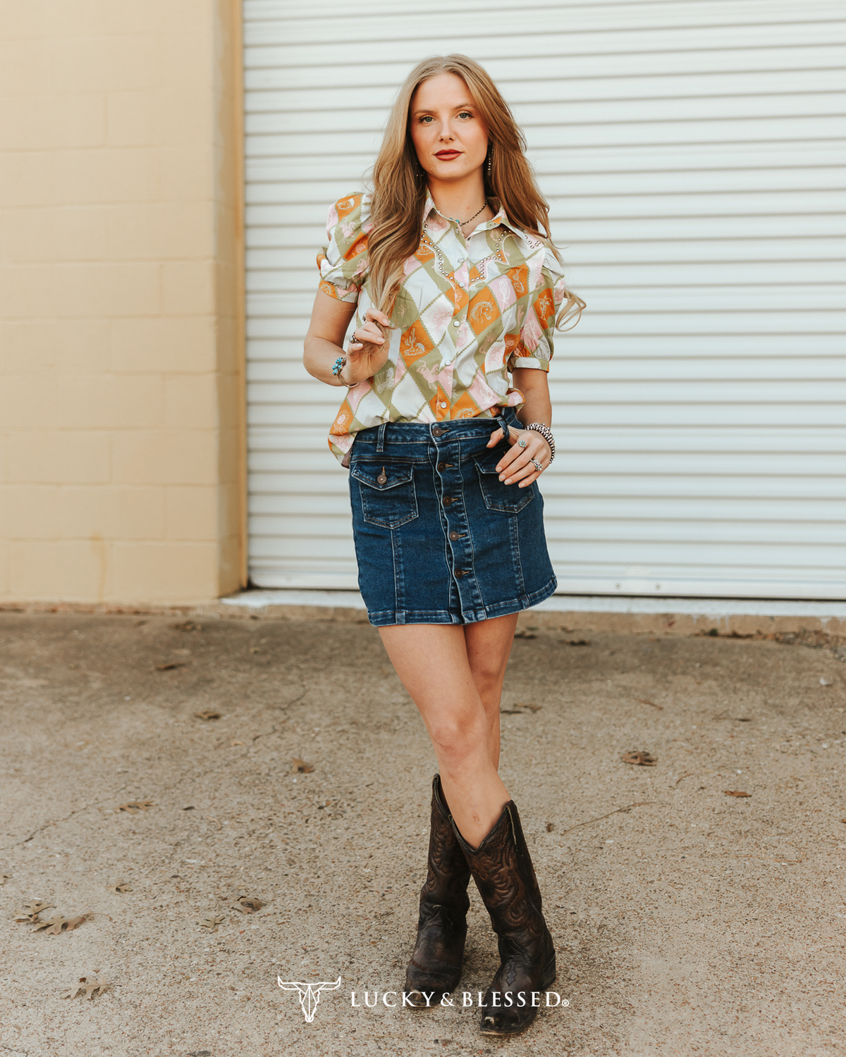 Mid Wash Stretch Denim Button Down Skirt