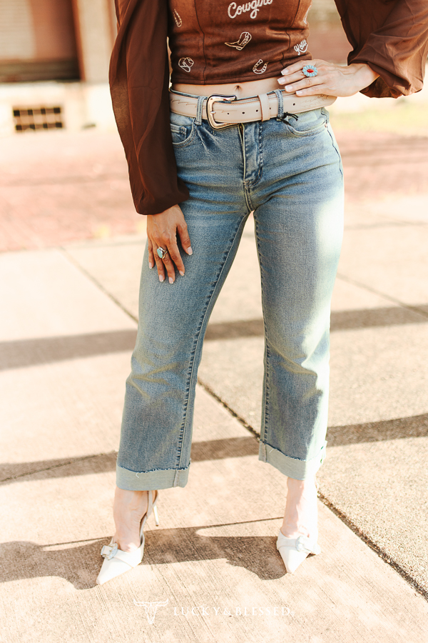 Mid Wash Crease Cuffed High Rise Boyfriend Jeans