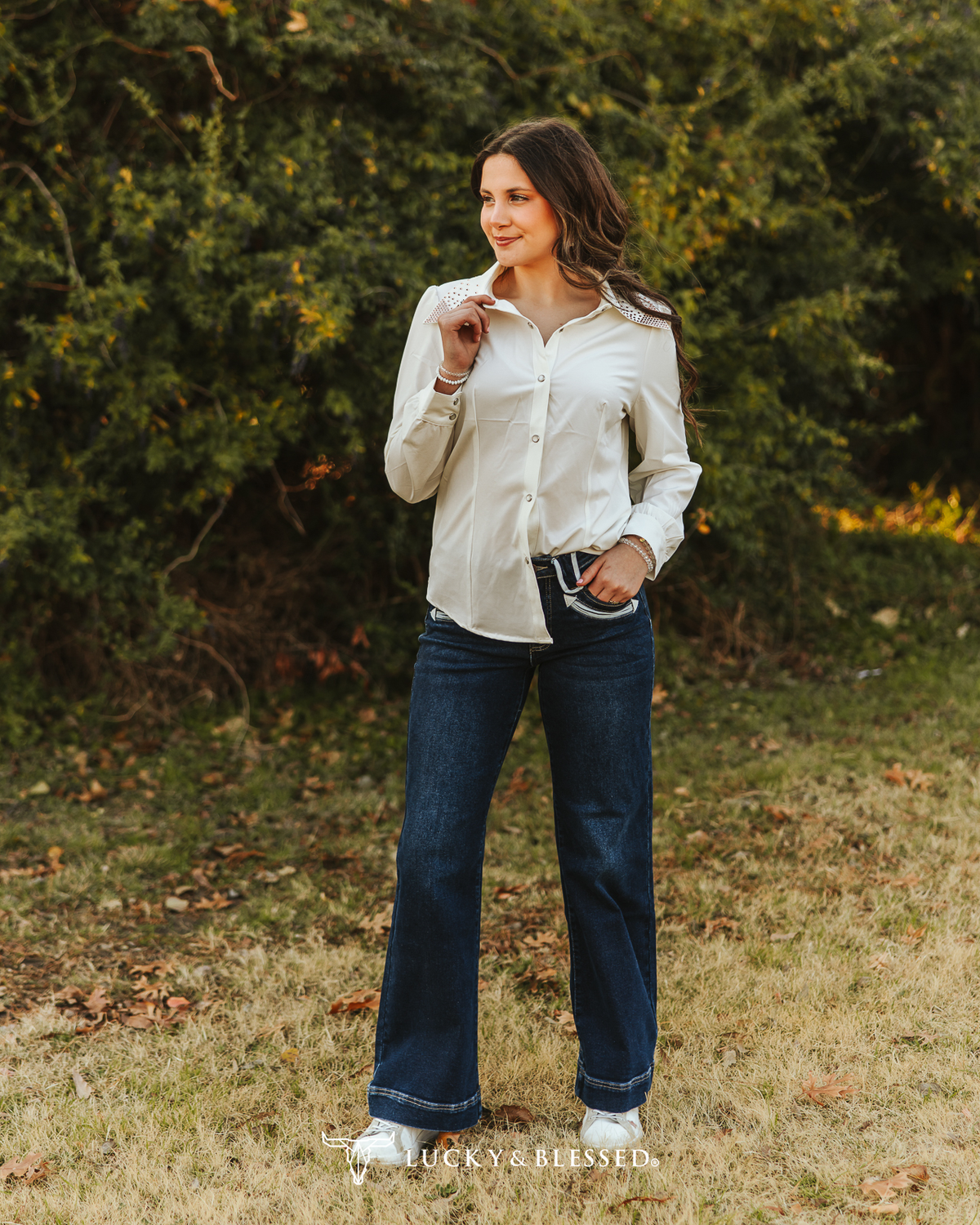 Dark Wash Stretch Denim Western Arrow Pocket Detail High Rise Wide Leg Jeans Plus