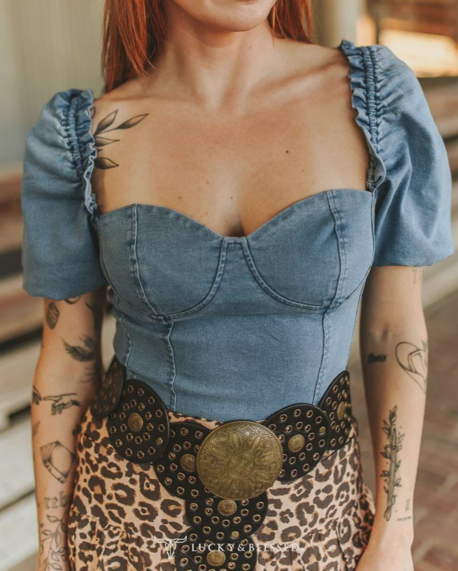 Lucky & Blessed Light Wash Denim Stretch Puff Sleeve Corset Bodysuit