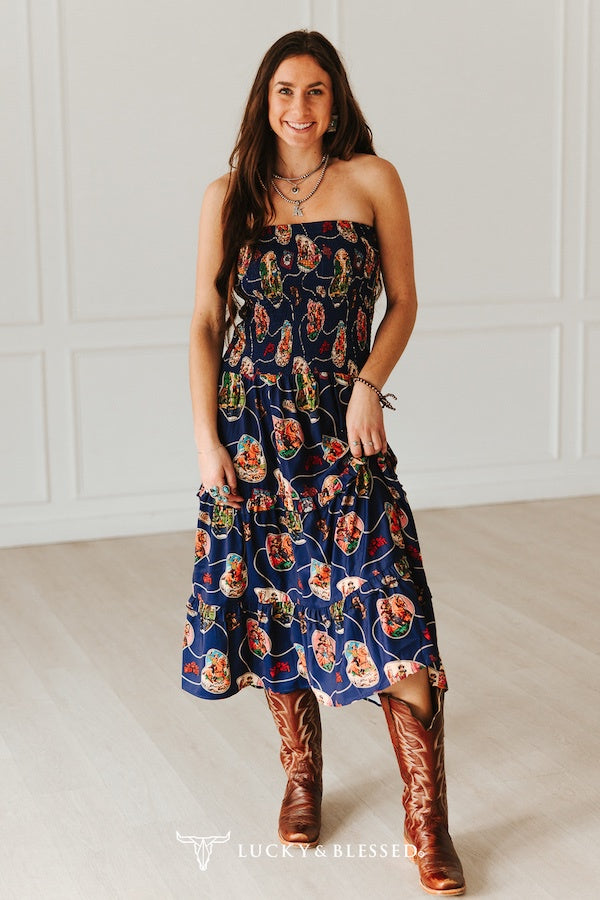 Lucky & Blessed Navy Western Print Smocked Maxi Tier Dress