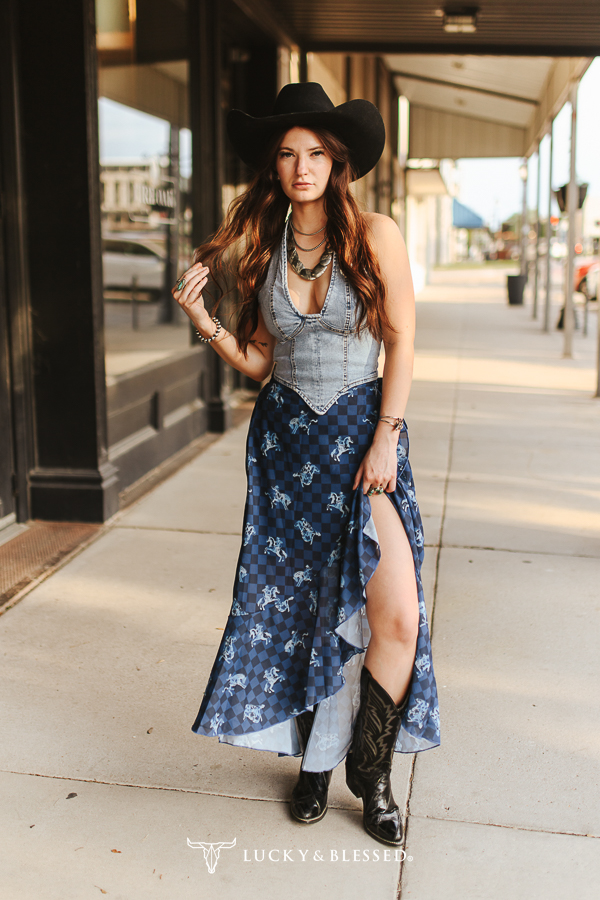 Blue Checkered Western Ruffle Edge Skirt