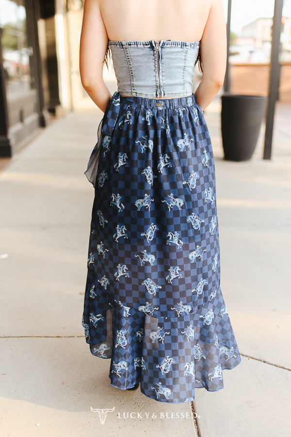 Blue Checkered Western Ruffle Edge Skirt
