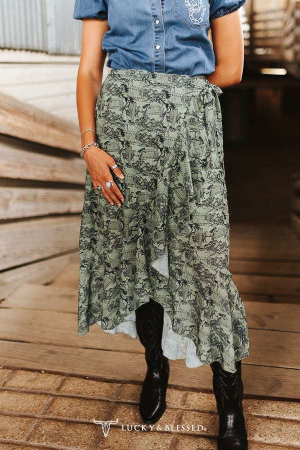 Lucky & Blessed Olive Desert Horse Printed Western Ruffle Edge Skirt