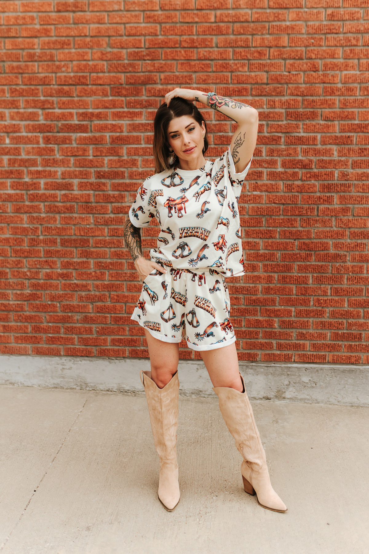 Ivory Western Rodeo Print Short Sleeve Top & Shorts Two Piece Set