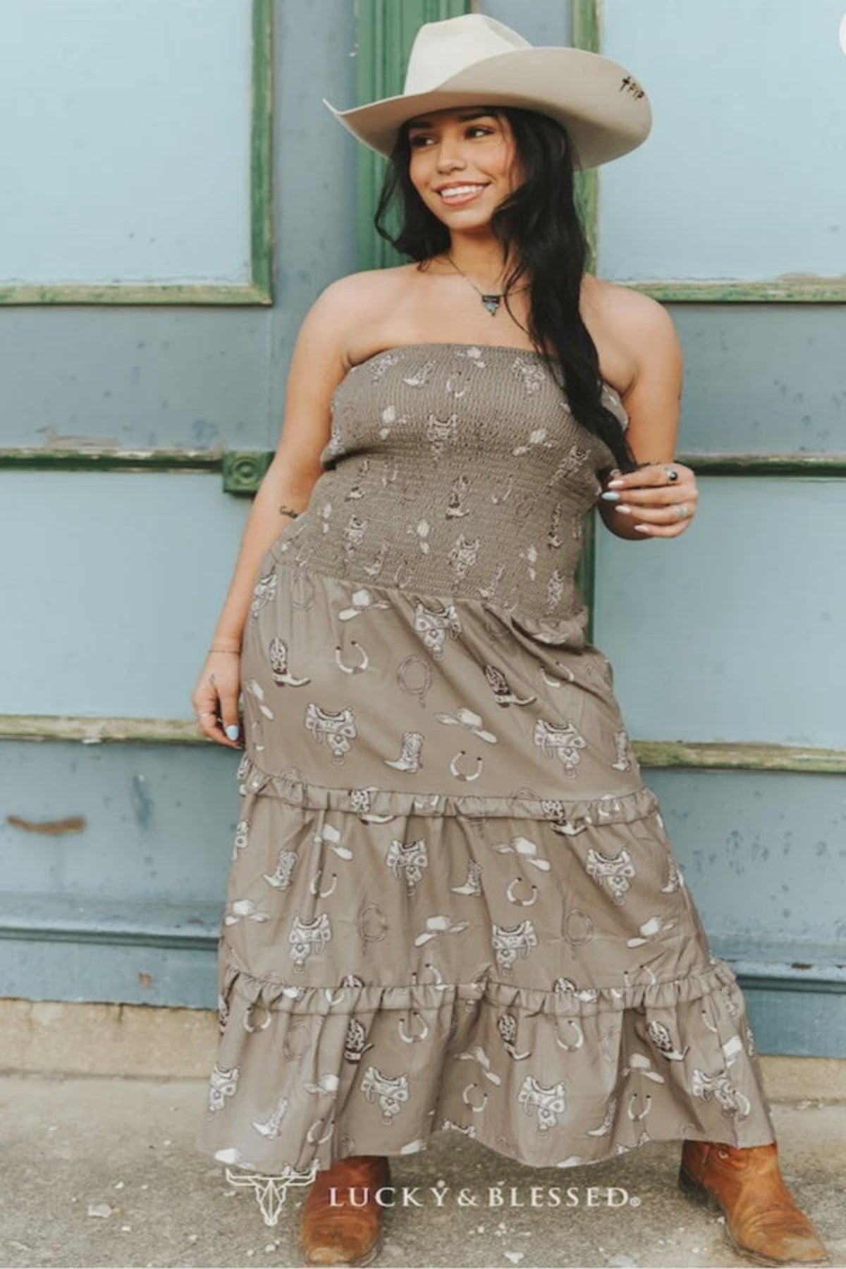Lucky & Blessed Boots Print Smocked Maxi Tier Dress