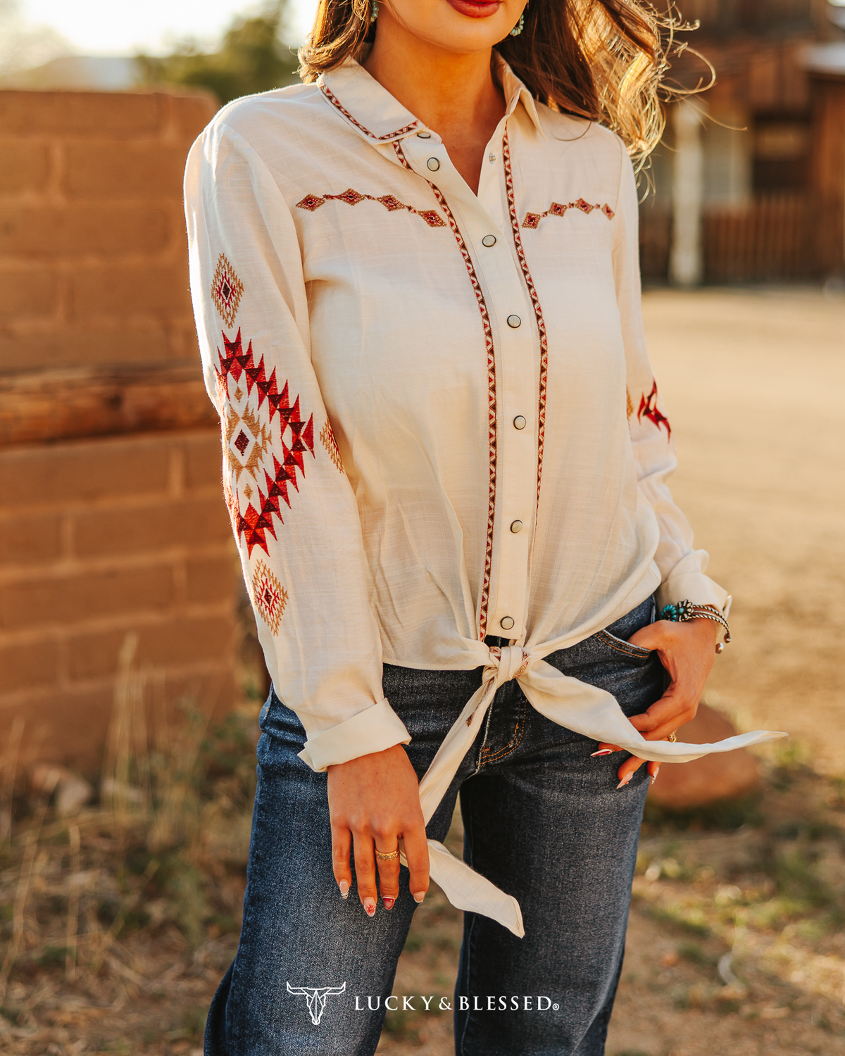Ivory Pearl Snap Button Aztec Embroidered Front Tie Top