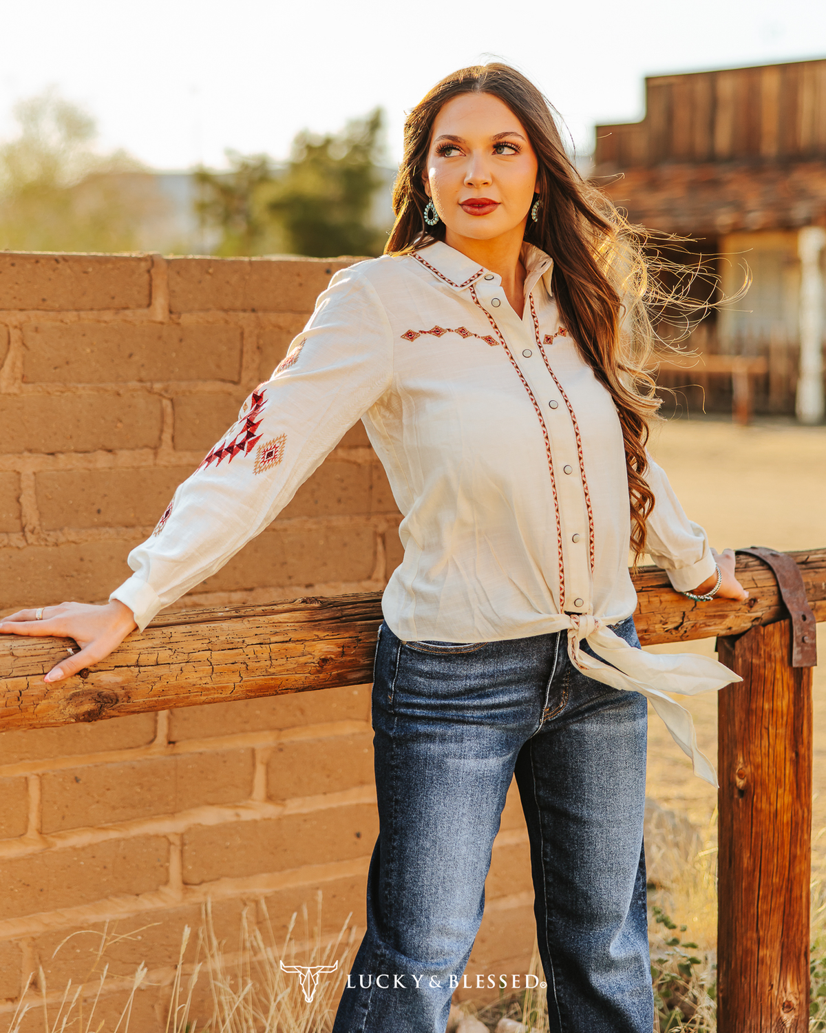 Ivory Pearl Snap Button Aztec Embroidered Front Tie Top