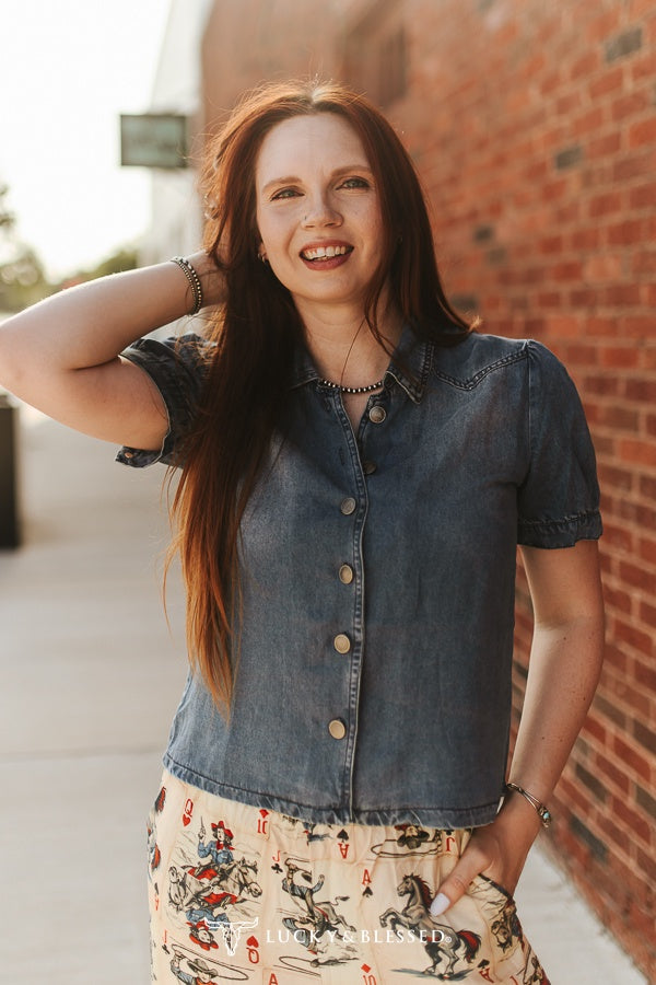 Lucky & Blessed MID WASH DENIM BUTTON DOWN TOP WPUFF SLEEVES