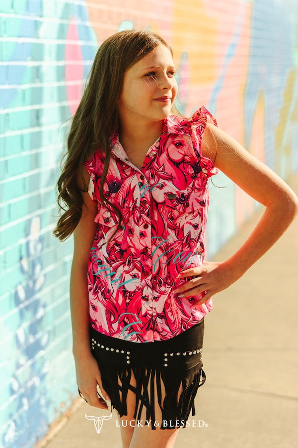 Girls Pink Horse Printed Button Down Ruffle Shoulder Sleeve Top