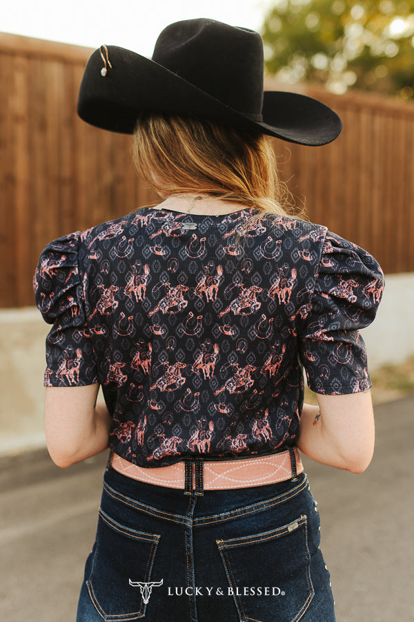 Black Cowboy Horseshoe Printed Puff Sleeve Top