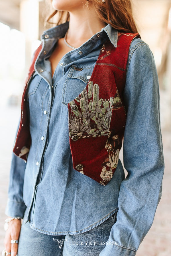 Lucky & Blessed Jacquard Red Horse Button Down Corset Top