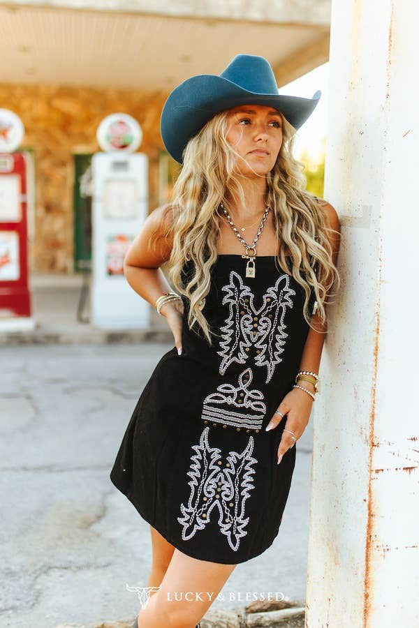 Lucky & Blessed Black Ivory Boot-stitch Embroidered Buckle Tank Studded Denim Stretch Dress