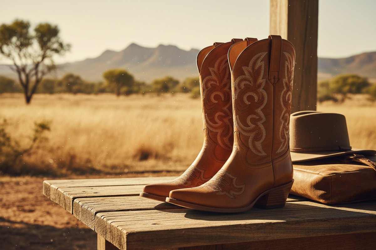 Western cowboy boots on a timber bench in the outback