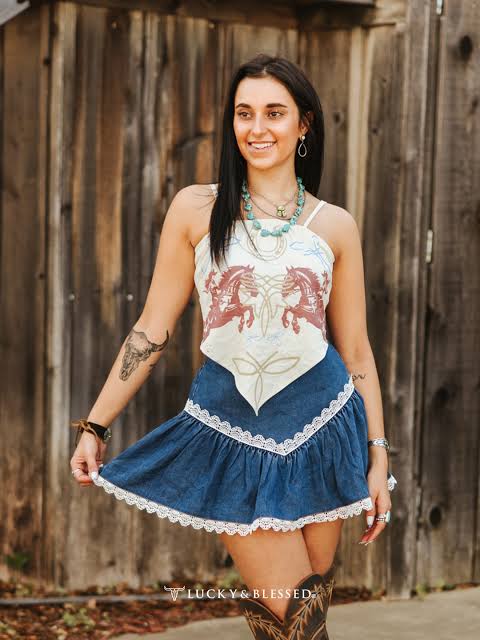 Mid Wash Ivory Lace Trim Detail Western Yoke Ruffle Skirt