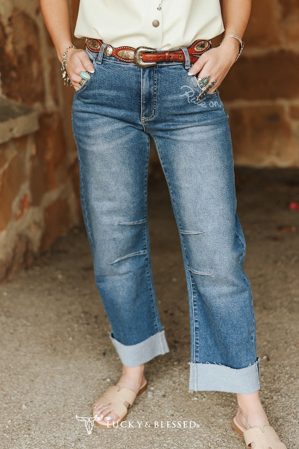 Lucky & Blessed Mid Wash Western Printed Barrell Cuffed Mid Rise Jeans