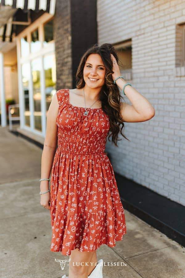 Lucky & Blessed Rust Cattle Brand Printed Thick Strap Flutter Dress