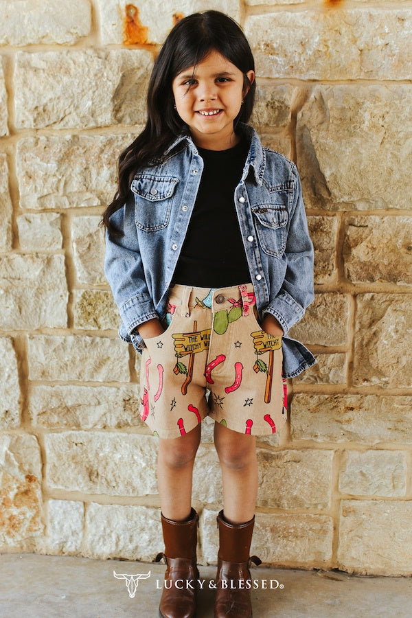 Girls Western Printed High Rise Wide Leg Shorts