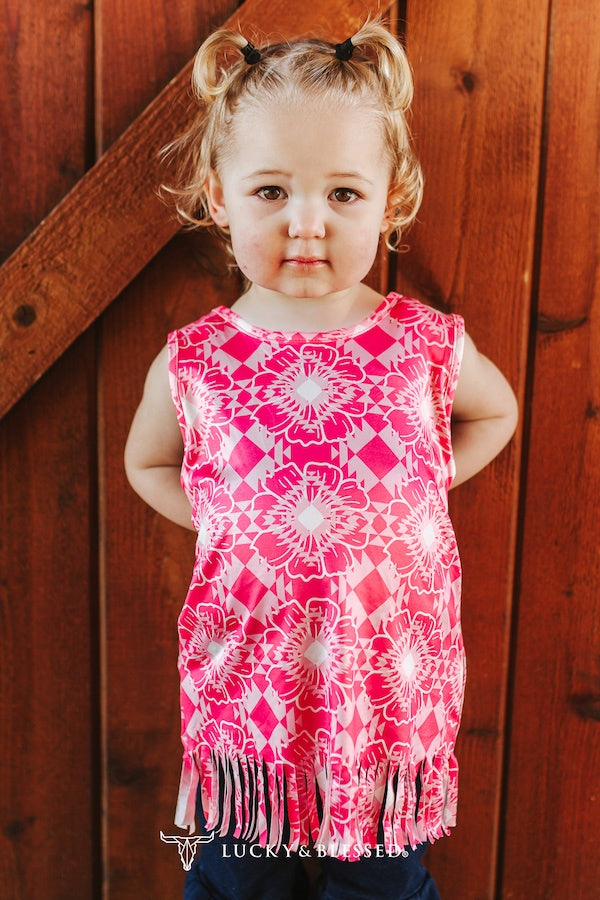 Girls Pink Aztec Floral Printed Tank Sleeveless Fringe Hem Top