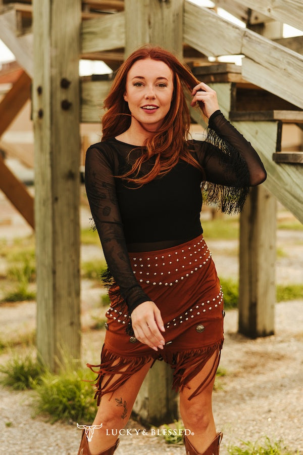 Lucky & Blessed BLACK MESH LONG SLEEVE FRINGE WESTERN BODYSUIT