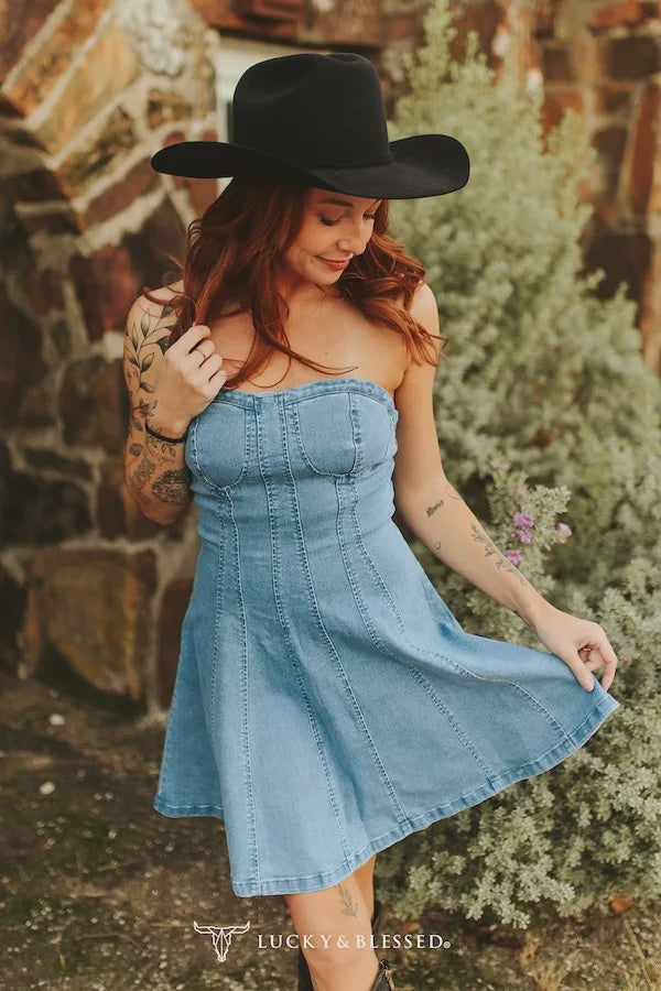 Lucky & Blessed Mid Wash Stretch Denim Corset Strapless Flutter Dress