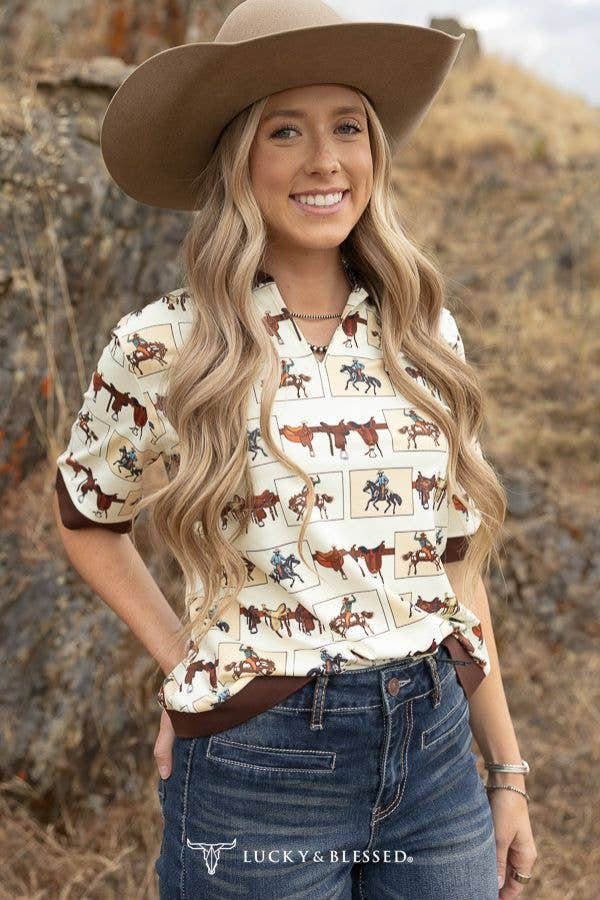 Lucky & Blessed Saddle Horse Printed Collared Shirt