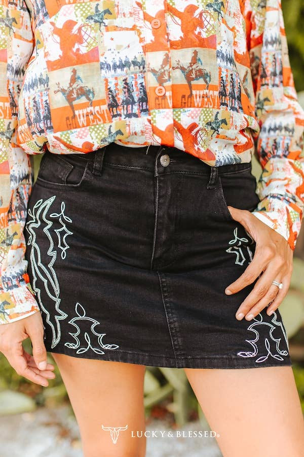 Lucky & Blessed Black Boot Stitch Embroidered Denim Skirt