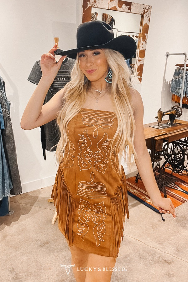 Lucky & Blessed Camel Suede Boot Stitch Embroidered Fringe Dress