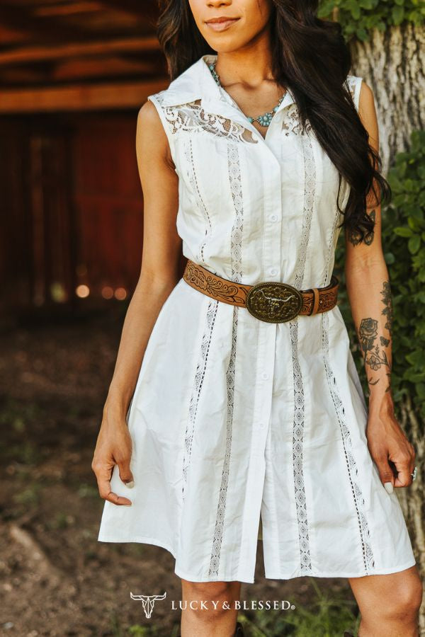 Lucky & Blessed Ivory Sleeveless Lace Inset Button Front Shirt Dress