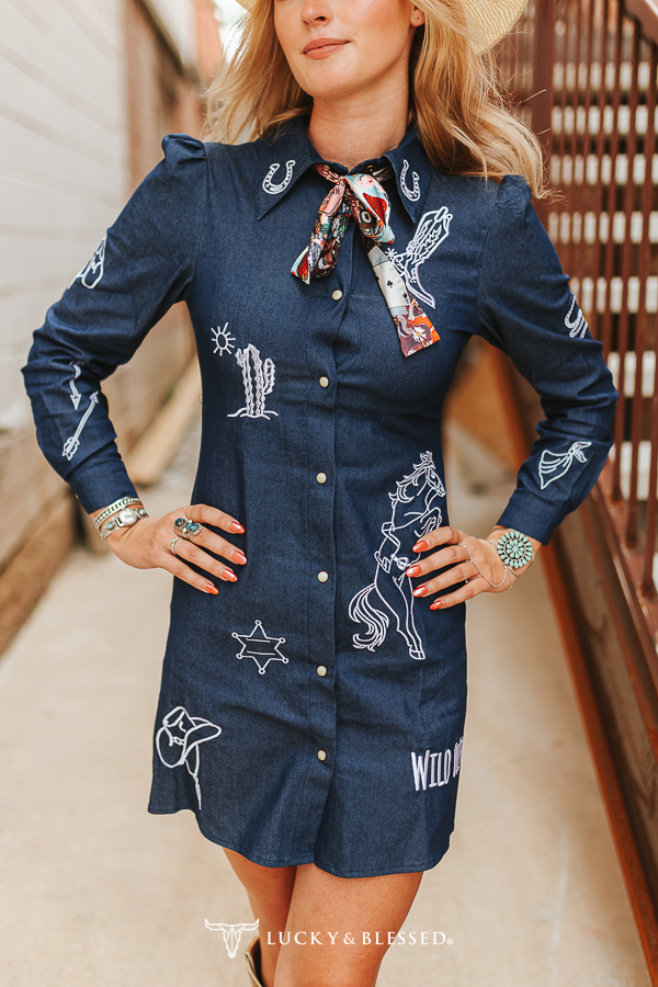 Mid Wash Stretch Denim Western Embroidered Pearl Snap Button Down Printed Bow Dress