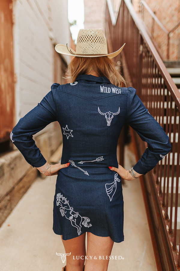 Mid Wash Stretch Denim Western Embroidered Pearl Snap Button Down Printed Bow Dress