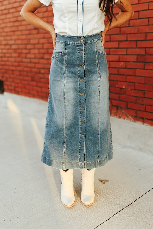 Lucky & Blessed Mid Wash Stretch Denim Concho Button Down Midi Skirt