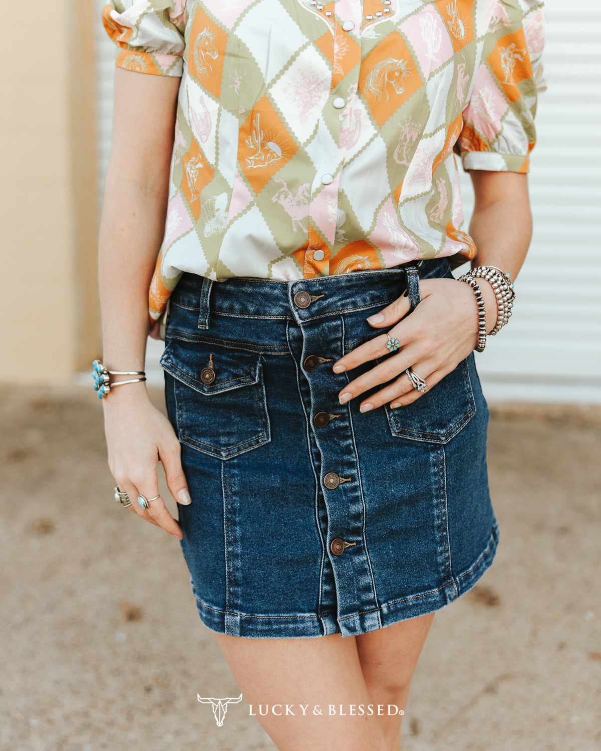 Mid Wash Stretch Denim Button Down Skirt