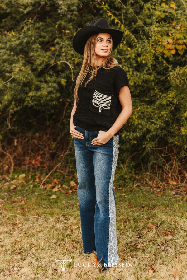 Lucky & Blessed Mid Wash Leopard Side Panel High Rise Wide Leg Jeans