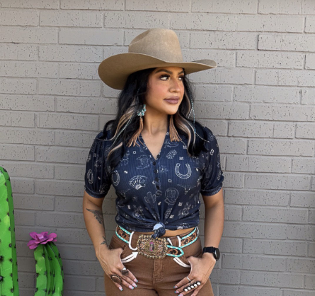 Lucky & Blessed Black Horse Shoe Western Printed Button Down Short Sleeve Puff Sleeve Top