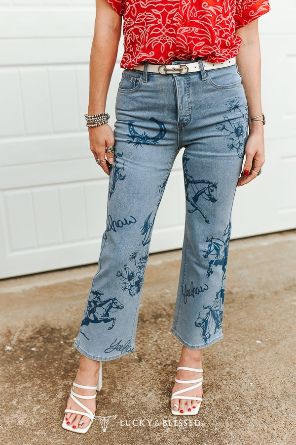 Lucky & Blessed Light Wash Western Printed High Rise Straight Cropped Jeans