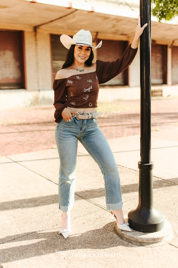 Mid Wash Crease Cuffed High Rise Boyfriend Jeans