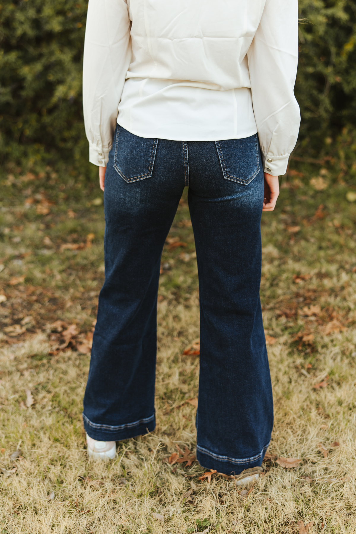 Dark Wash Stretch Denim Western Arrow Pocket Detail High Rise Wide Leg Jeans Plus