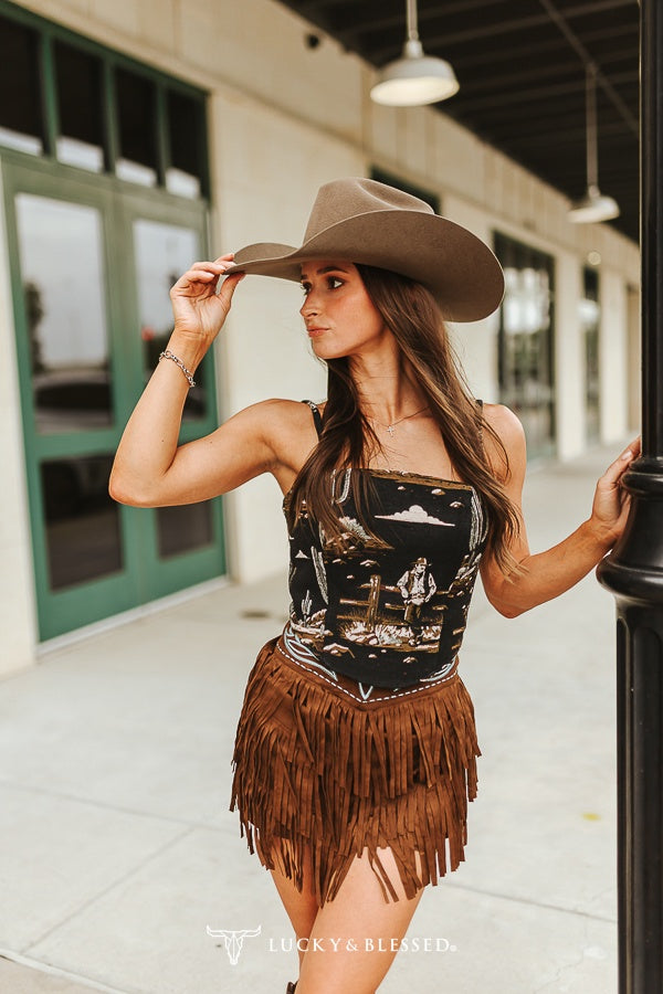 Lucky & Blessed Brown Stretch Suede Ivory Boot Stitch Fringe Tier Skirt