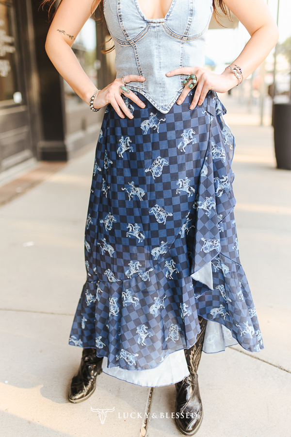 Blue Checkered Western Ruffle Edge Skirt