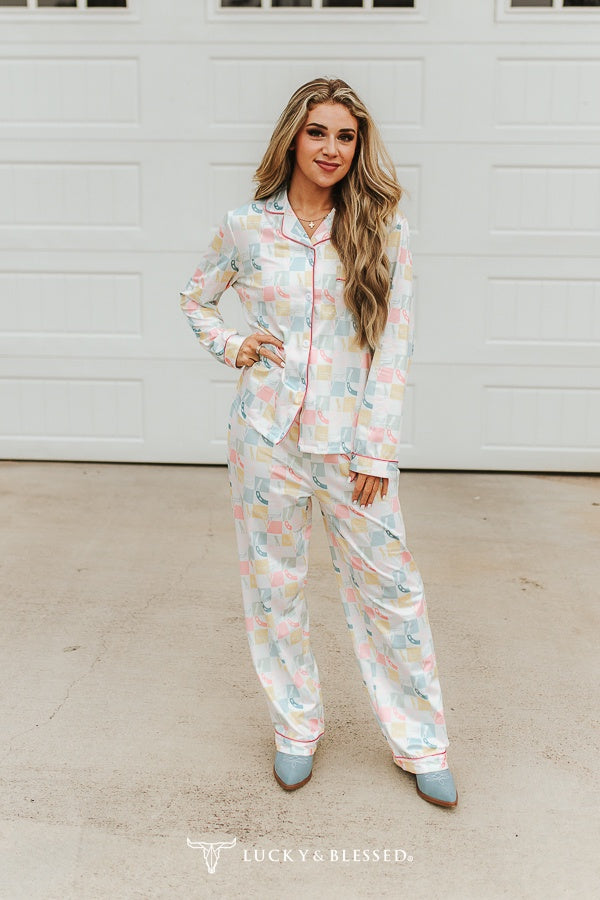 Lucky & Blessed Pastel Checkered Western Printed Button Down Pants Set